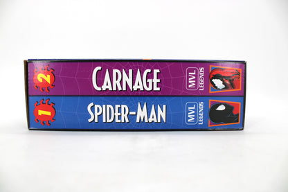 Symbiote Spider-Man & Carnage Marvel Legends Spider-Man: The Animated Series 2-Pack — Side View with Retro VHS-Style Character Name Labels