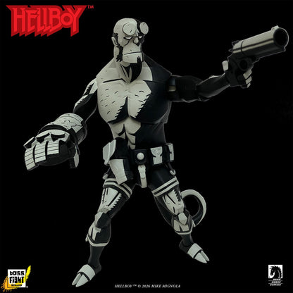 Hellboy Black and White 1:12 Scale Figure — Front View with Samaritan Pistol on Black Background