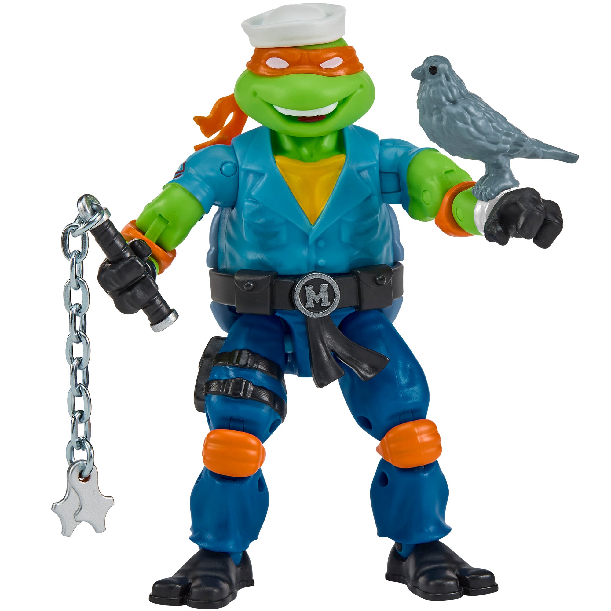 Michelangelo as Shipwreck TMNT x GI Joe 4.5-Inch Figure — Front View with Pigeon Pete Perched on Fist