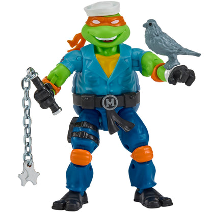 Michelangelo as Shipwreck TMNT x GI Joe 4.5-Inch Figure — Front View with Pigeon Pete Perched on Fist
