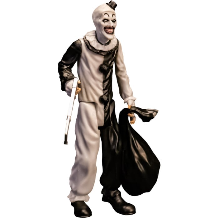 Art the Clown Terrifier 5-Inch Blood Bath Figure — Three-Quarter View with Pistol and Trash Bag