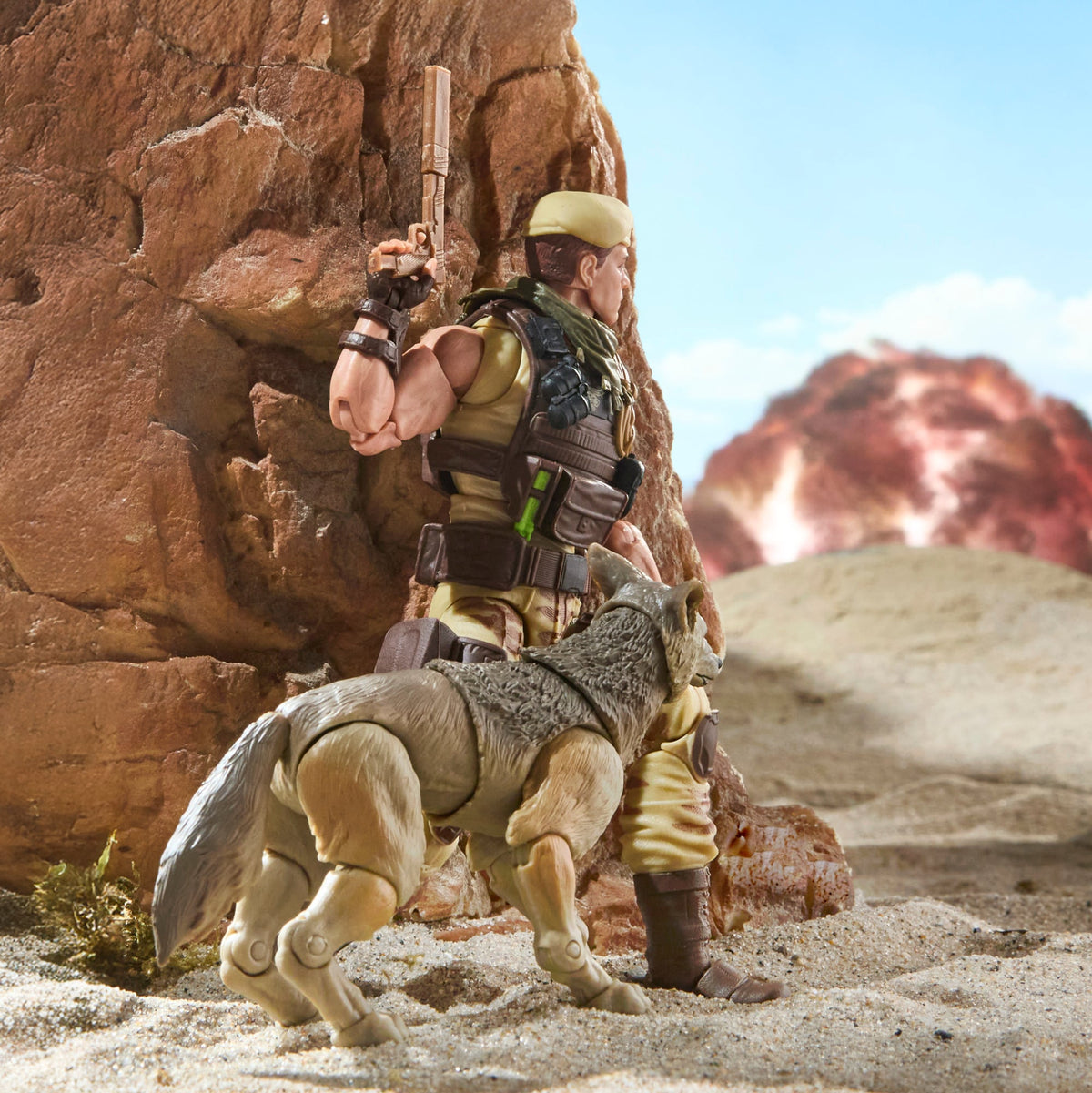 Dusty & Coyote Sandstorm G.I. Joe Classified Series 6-Inch Figure Set — Side View with Coyote Sandstorm Flanking Dusty Against Rock