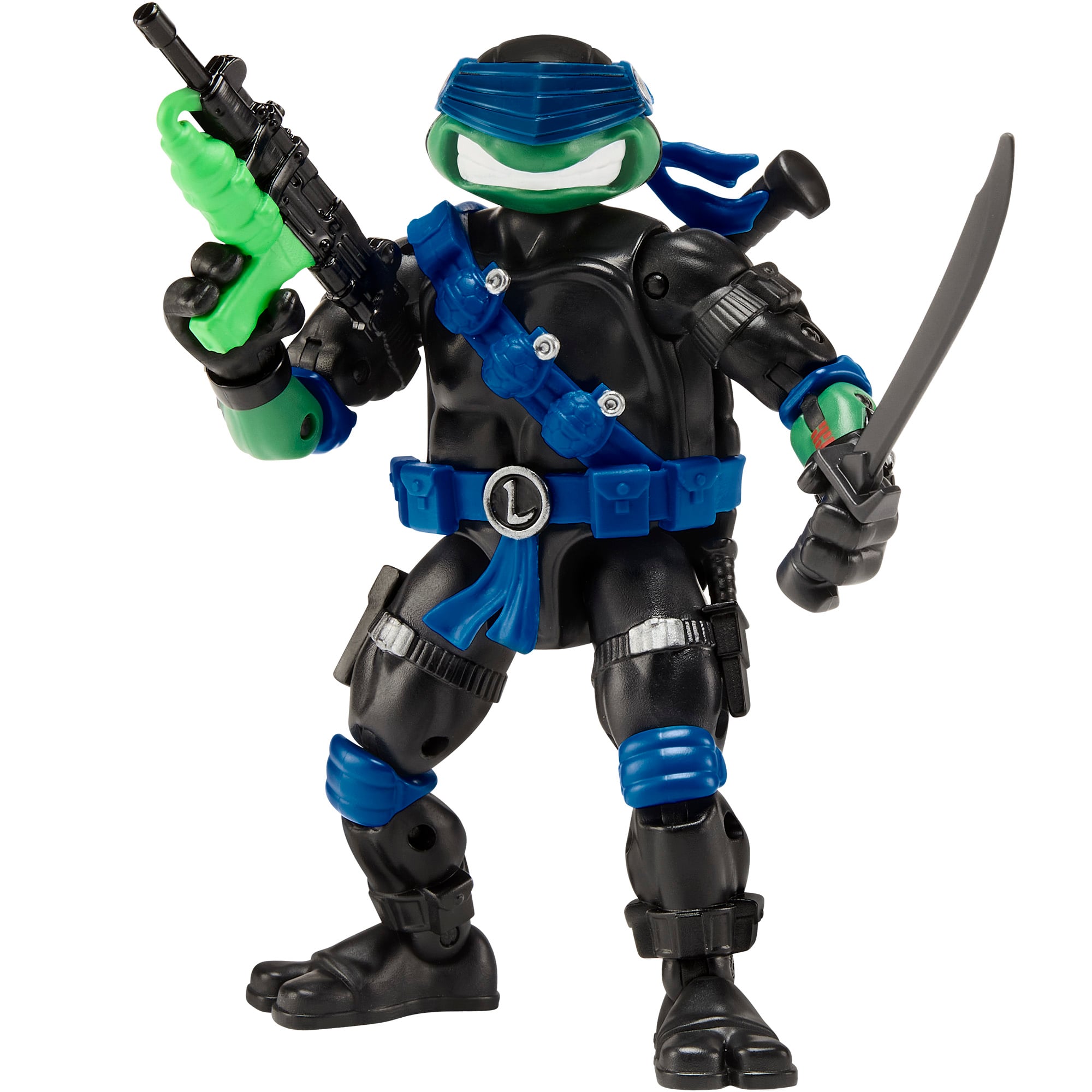 Leonardo as Snake Eyes TMNT x GI Joe 4.5-Inch Figure — Front View with Ooze-y Blaster and Katana White Background