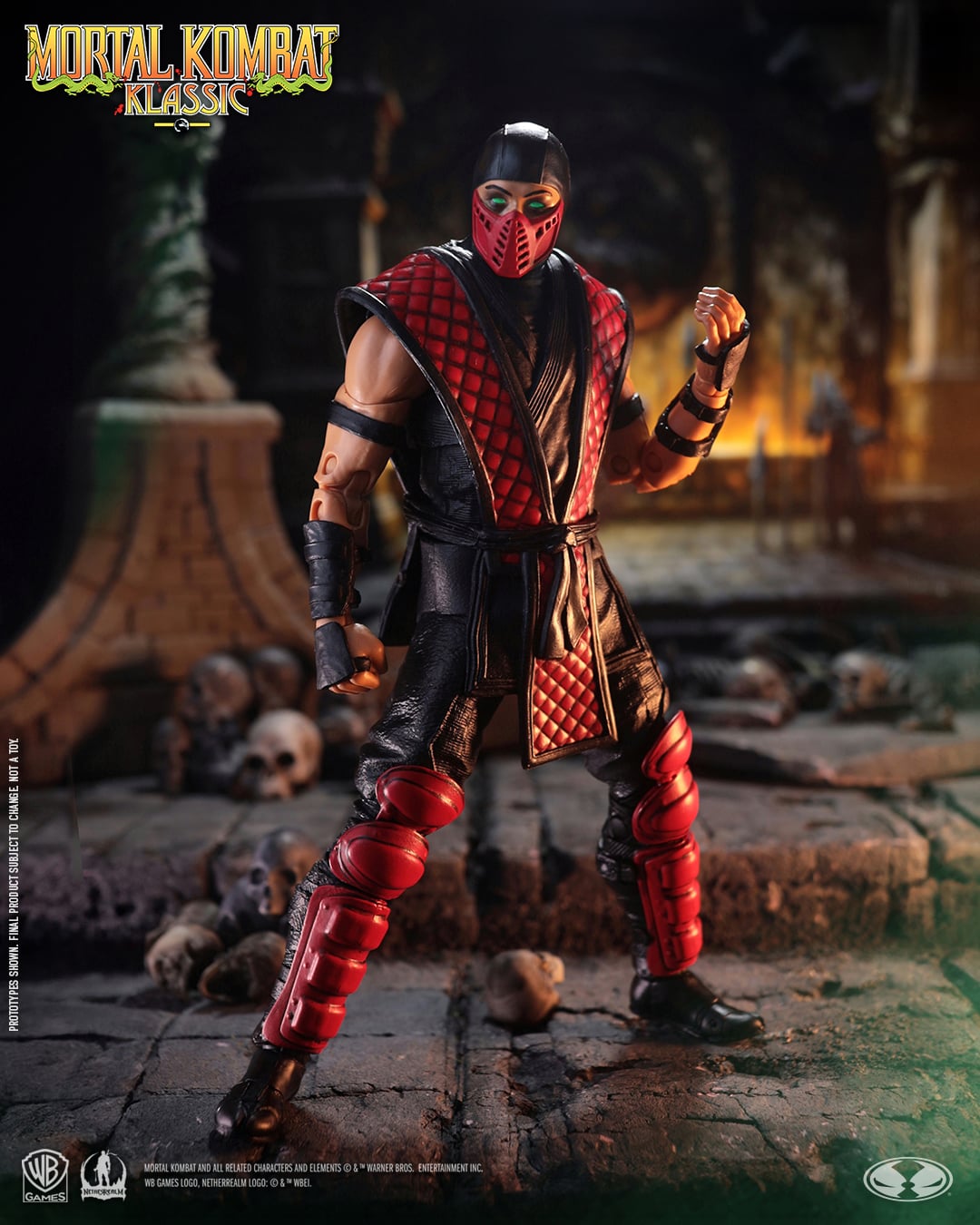 Ermac Mortal Kombat Klassic 7-Inch Figure — Side View dynamic combat stance with skull-strewn stone floor background