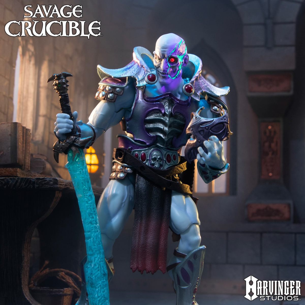 Naraka the Undying Savage Crucible 6-Inch Figure — Three-Quarter View Holding Metal Demi Mask with Alternate Head