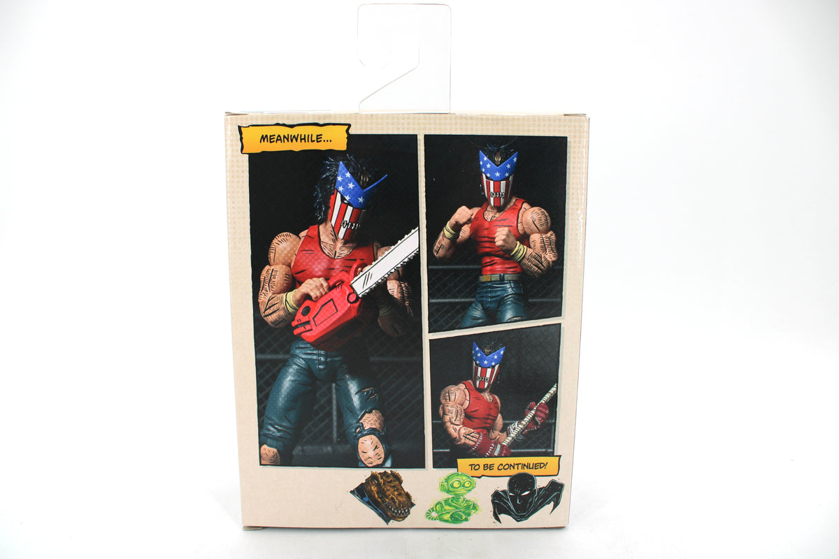 Casey Jones Ultimate Mirage Comics TMNT 7-Inch Figure — Back View with Comic-Style Panel Art and Accessory Poses