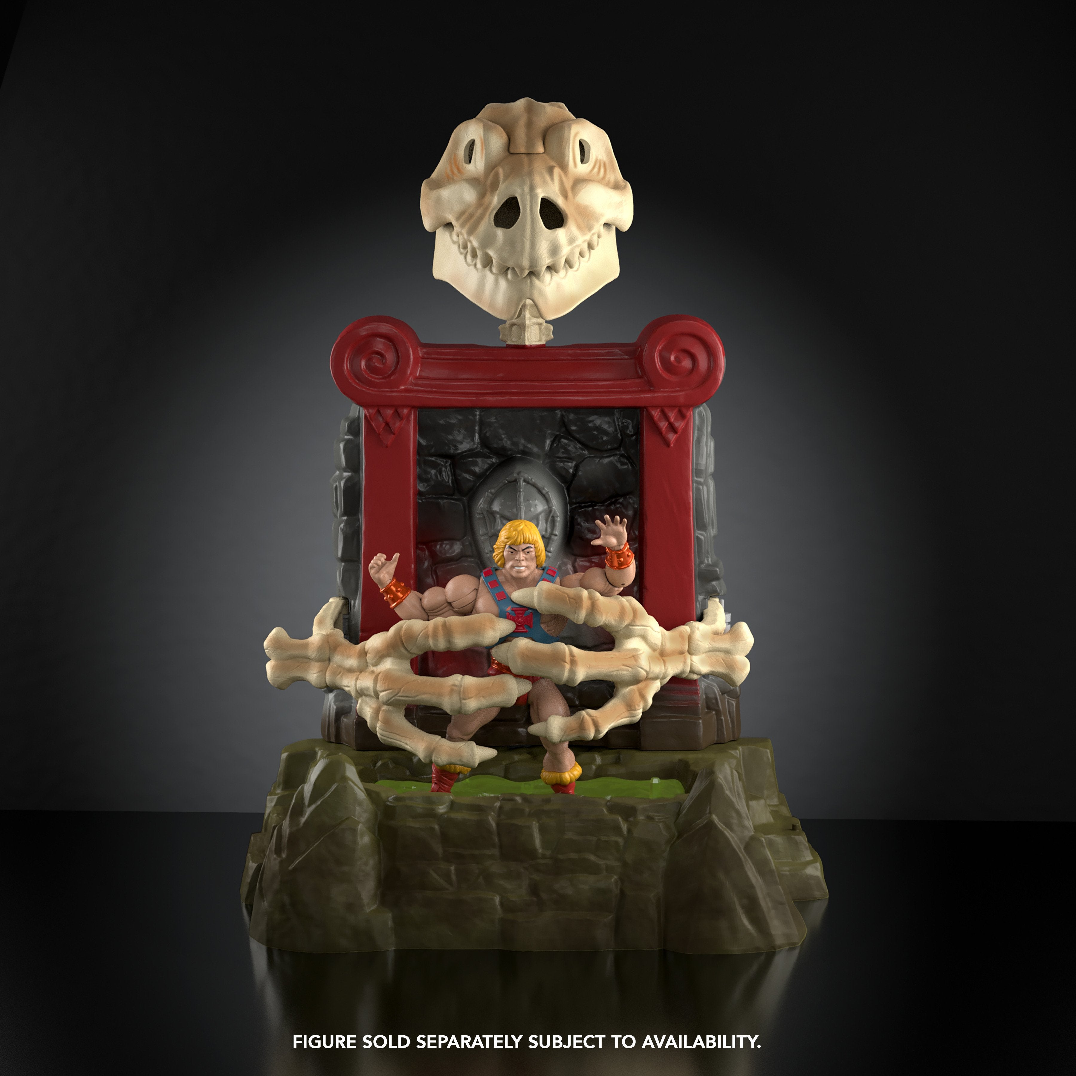 Horde Fright Pit MOTU Origins Playset — Front View Skeletal Claw Arms Extended with He-Man Figure