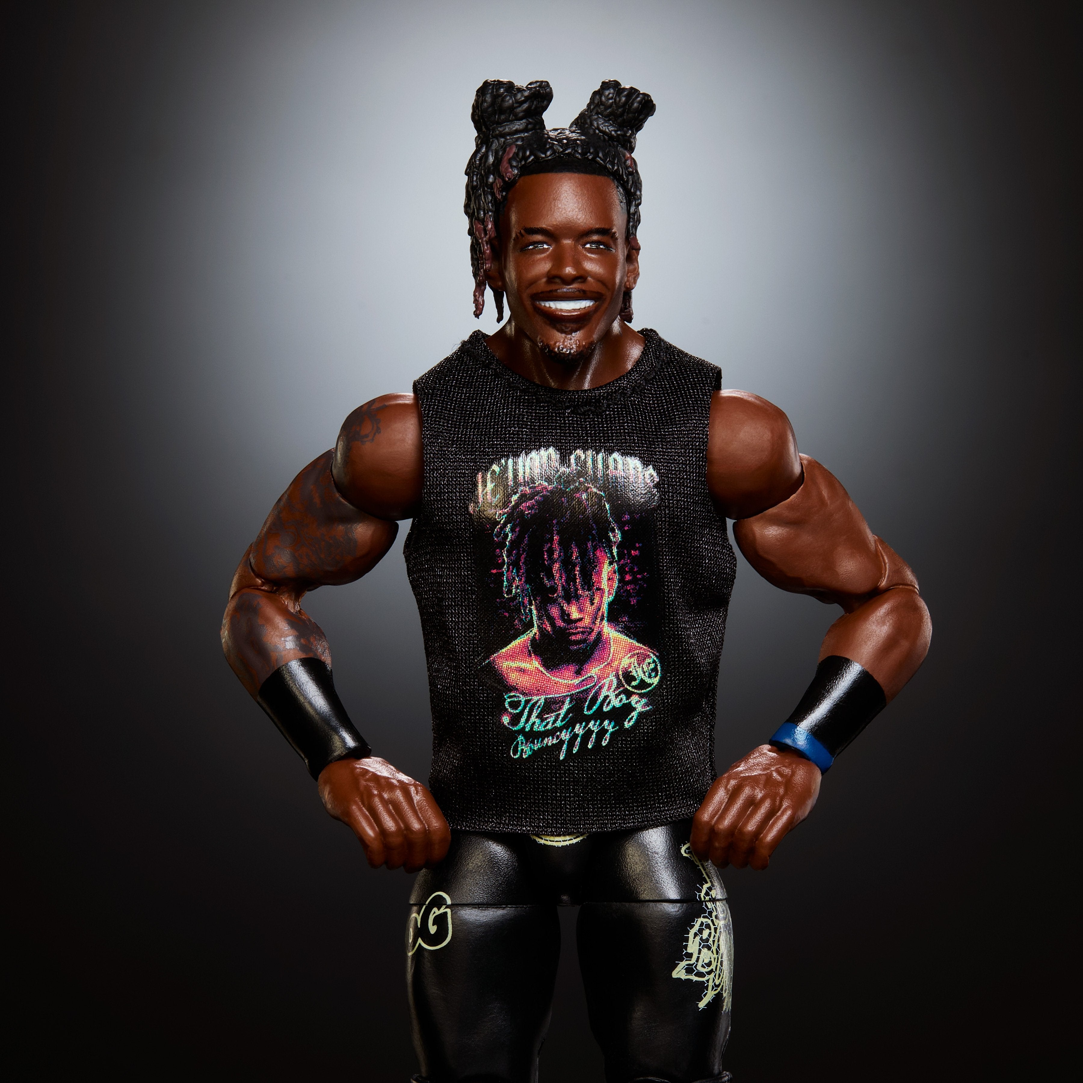 Je'Von Evans WWE Elite Collection 6-Inch Figure — Upper Body Close-Up with Shirt Graphic Detail