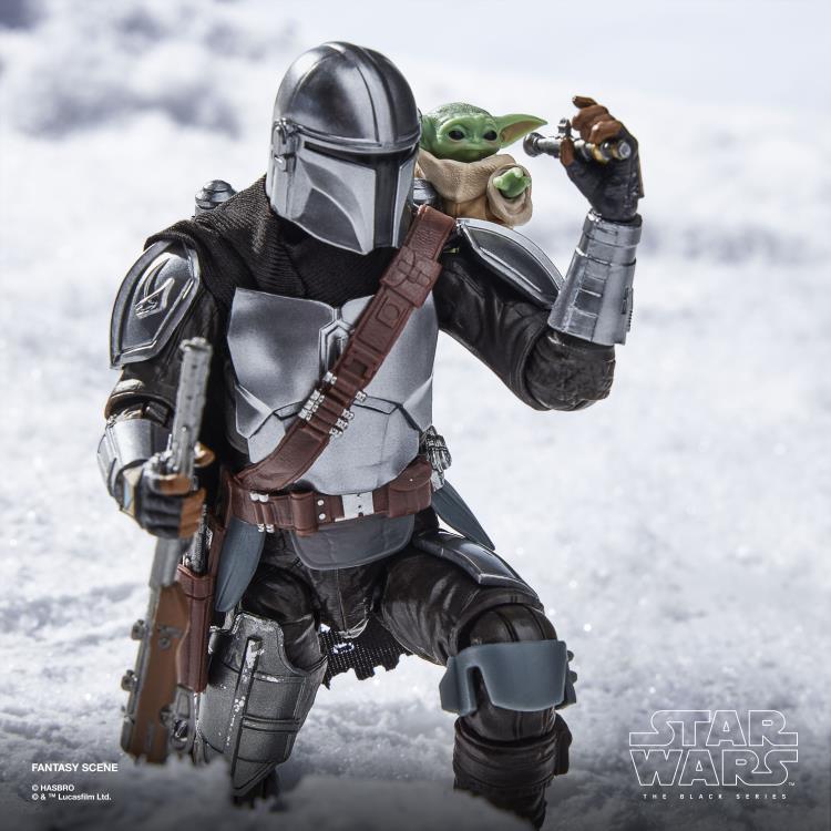 Mandalorian with Grogu Black Series 6-Inch Deluxe — Kneeling Action Pose with Grogu on Shoulder