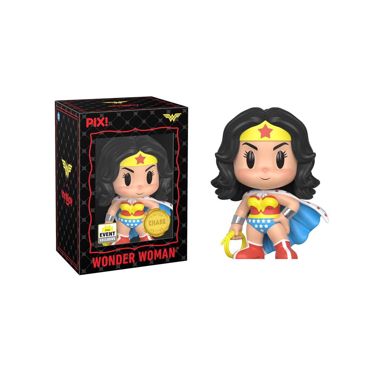Wonder Woman DC Pix! Vinyl Figure 2026 Convention Exclusive — Cape chase variant in black box with figure out of box, front view