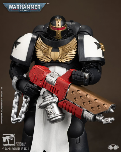 Black Templars Primaris Crusader McFarlane WH40K 7-Inch Figure — Figure Detail Close-Up of Gold Eagle Chest Emblem and Devotion Chain