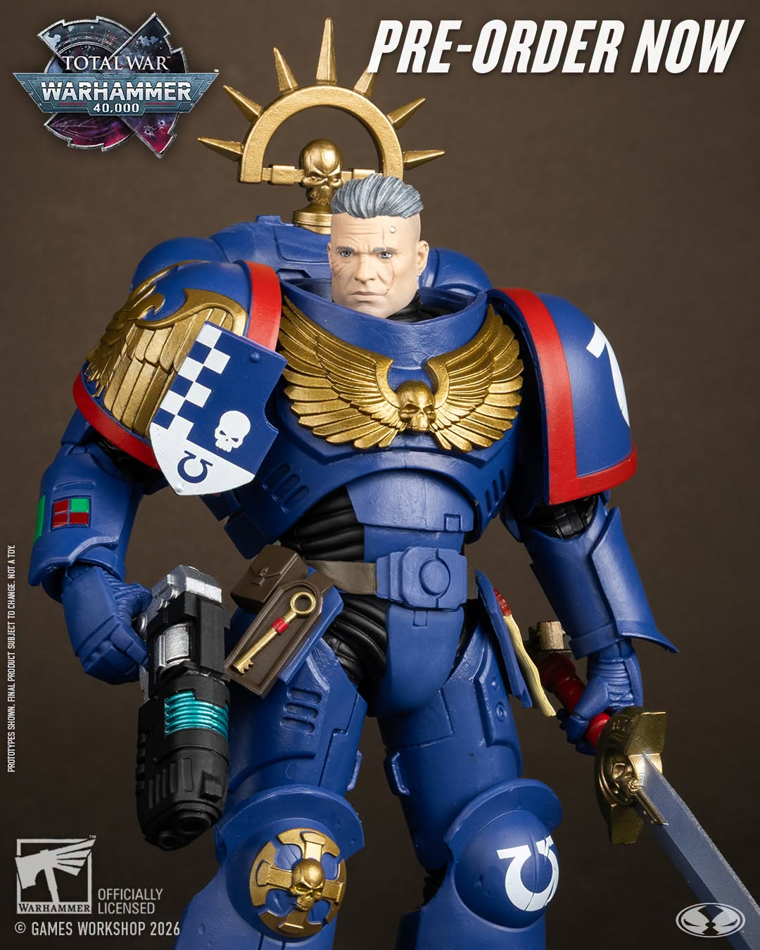 Ultramarines 3rd Company Lieutenant Warhammer 40K 7-Inch Figure — Upper Body Detail Showing Gold Aquila and Shoulder Markings