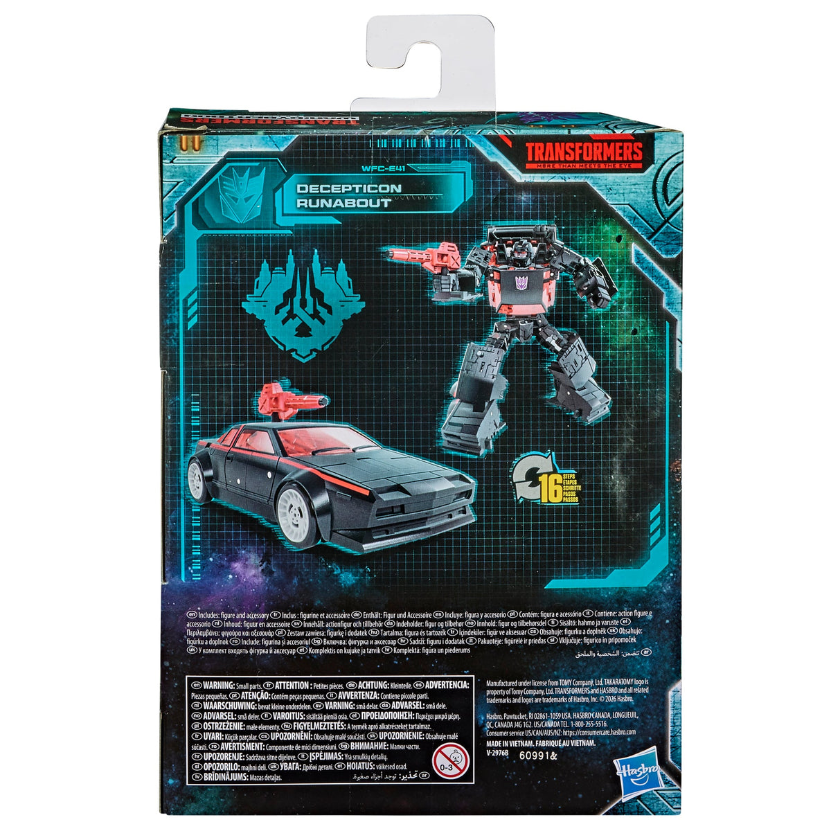 Decepticon Runabout Earthrise War for Cybertron 5.5-Inch Figure — Box Back Showing Robot and Sportscar Alt Mode with 16-Step Conversion Callout
