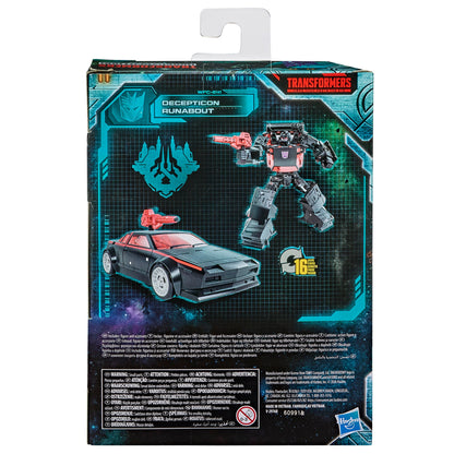 Decepticon Runabout Earthrise War for Cybertron 5.5-Inch Figure — Box Back Showing Robot and Sportscar Alt Mode with 16-Step Conversion Callout