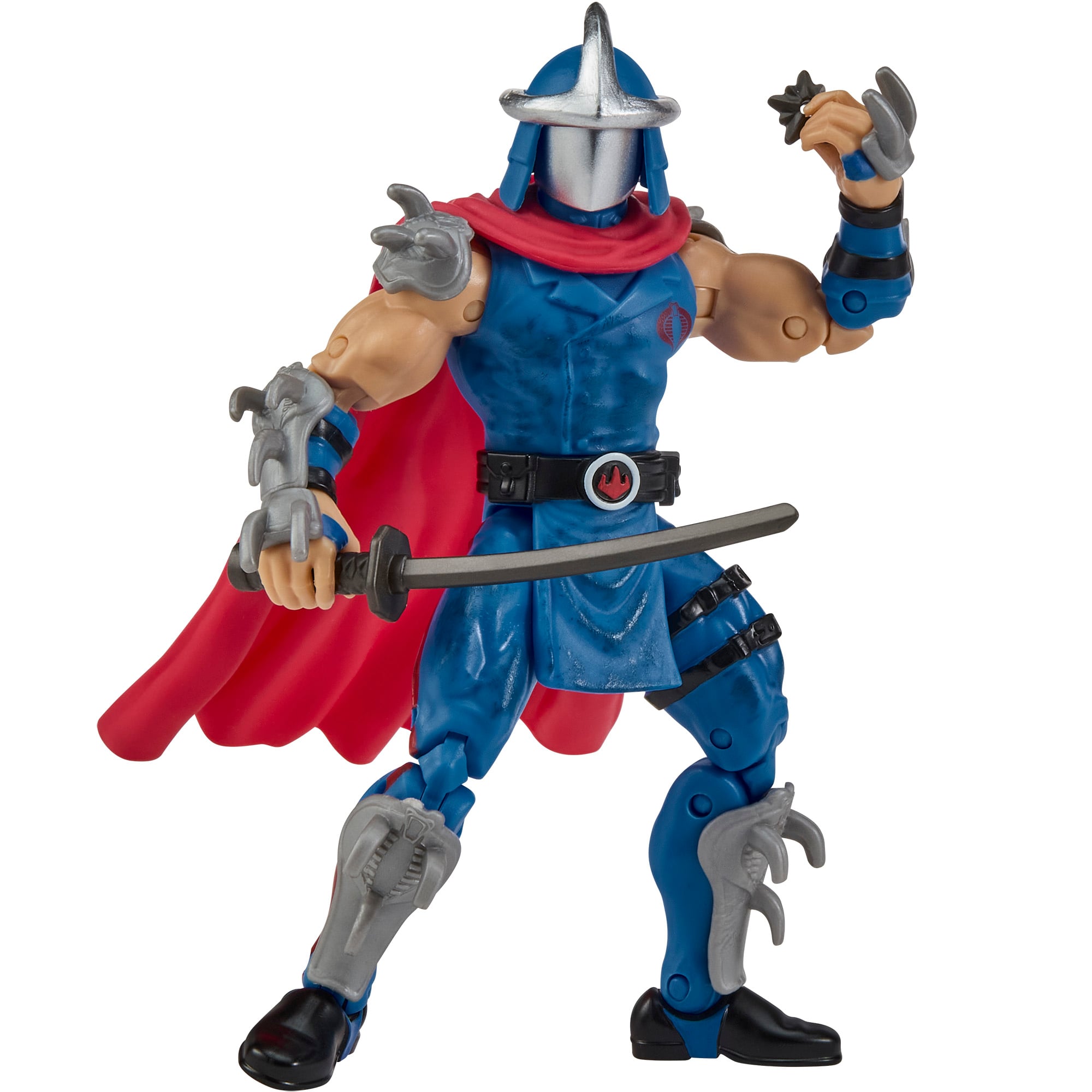 Shredder Cobra Commander TMNT x GI Joe 5-Inch Figure — Three-Quarter View Holding Katana and Ninja Star