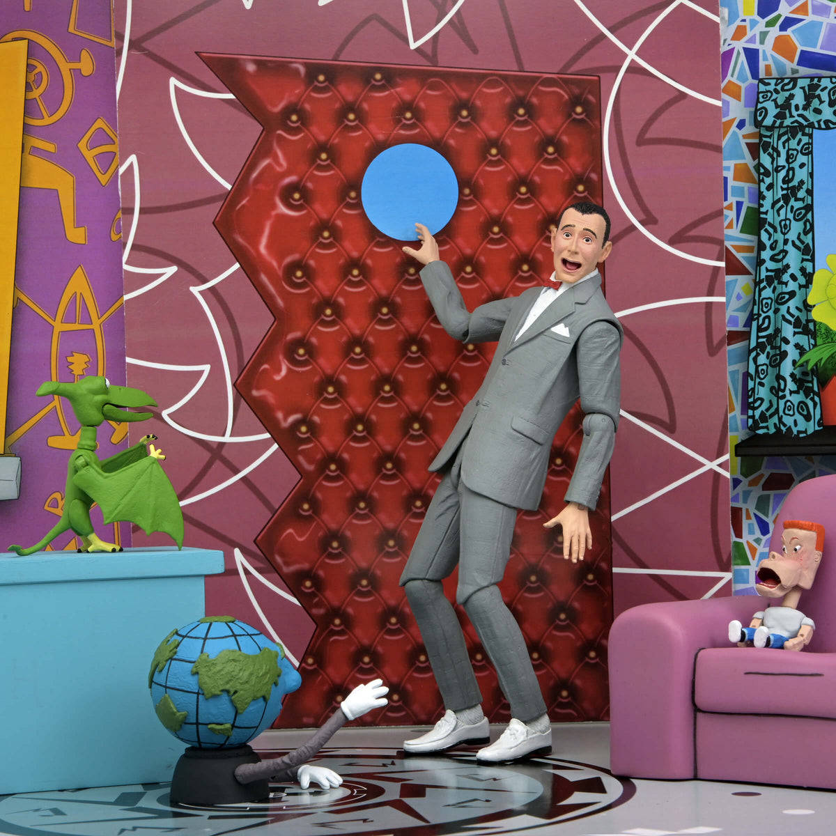 Pee-Wee Herman NECA Ultimate 7-Inch Figure — Dynamic Lean Pose Beside Red Door with Globey and Randy