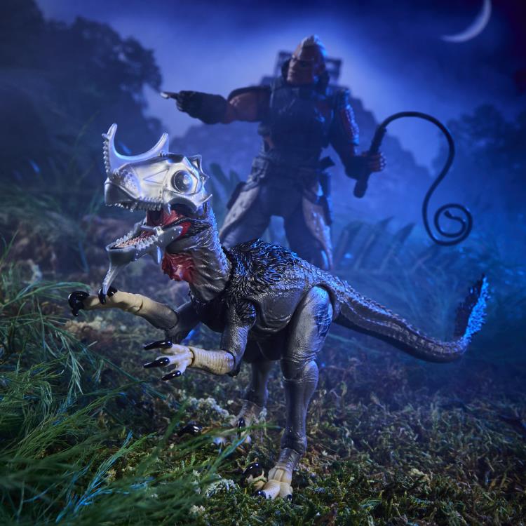 Cobra Deinonychus Classified Series with Skull Armor and Professor Rottclaw in Background — Figure Detail