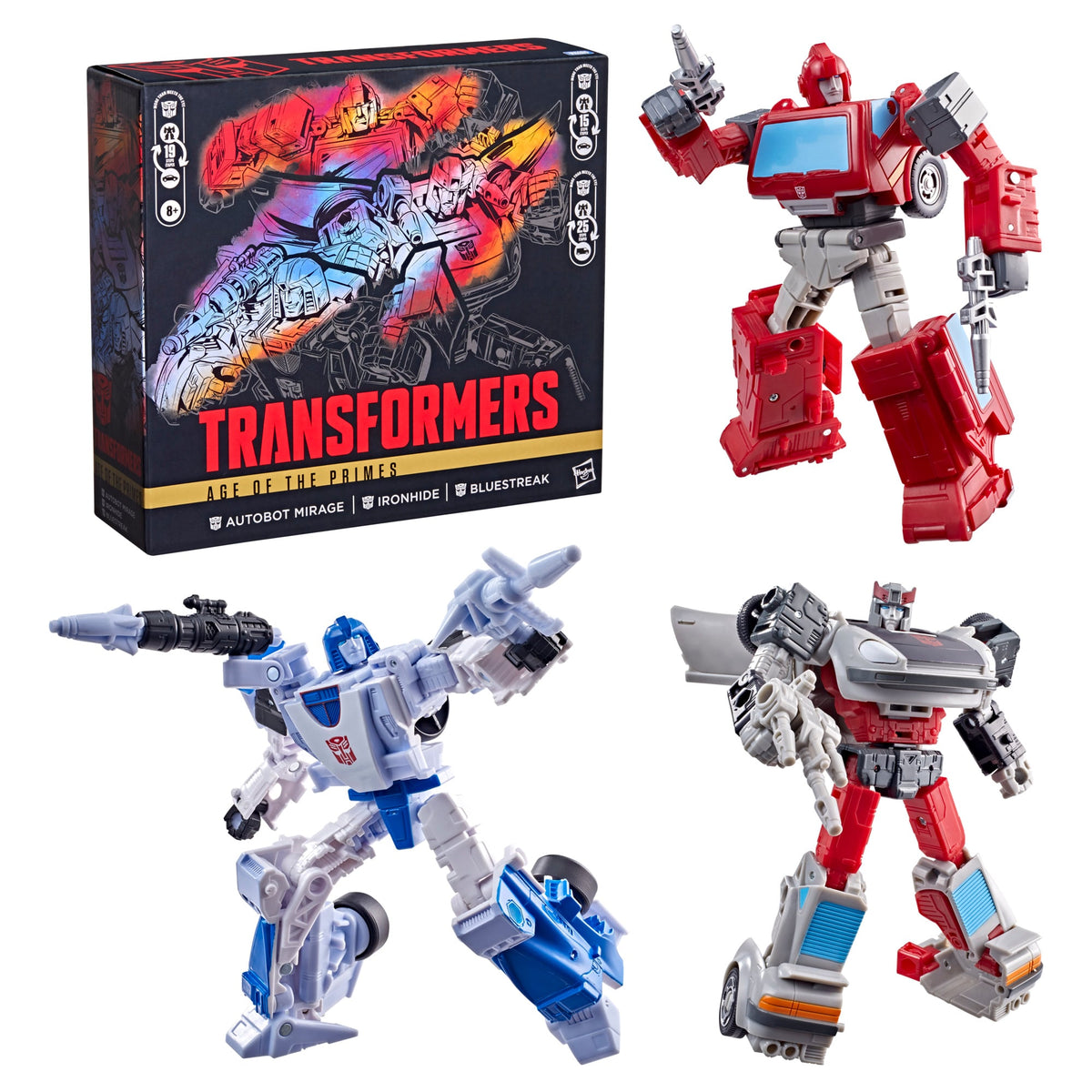 Transformers Age of the Primes Box Art with Mirage Ironhide Bluestreak Robot Figures — Package Detail