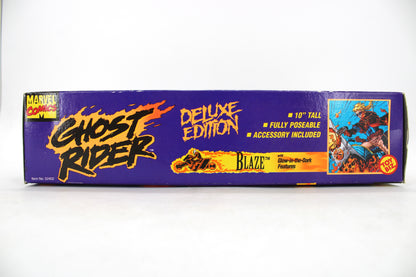 Blaze Ghost Rider Deluxe Edition 10-Inch Figure by Toy Biz — Side View of Purple Box with Logo and Feature Callouts