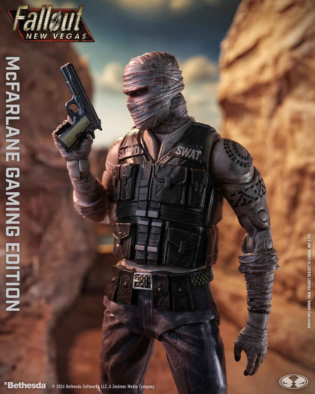 Joshua Graham Fallout New Vegas McFarlane Gaming Edition 7-Inch Figure — Figure Detail Close-Up Holding Pistol Aloft Showing Vest and Bandage Sculpt