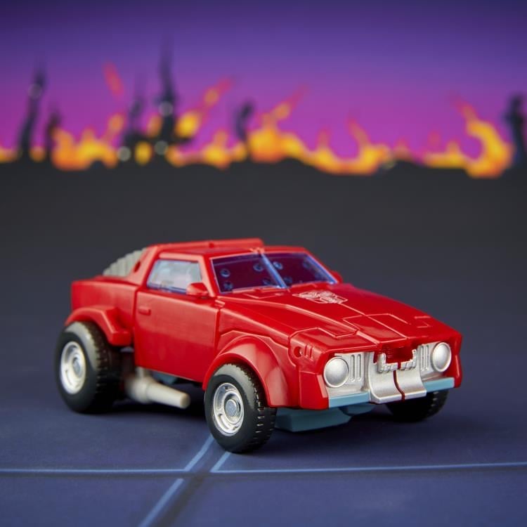 Windcharger Studio Series Deluxe 4.5-Inch Figure — Car Mode Front Three-Quarter View with Flames Background