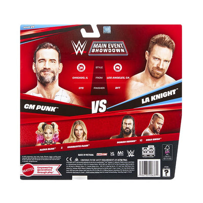 CM Punk vs LA Knight WWE Main Event Showdown Series 29 — Box Back with Character Stats and Wave Lineup