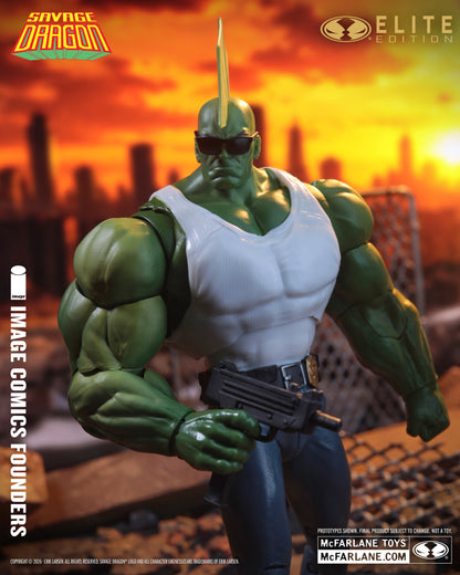 Savage Dragon McFarlane Elite Edition 7-Inch Figure — Figure Detail Close-Up with Mac10 and Sunglasses
