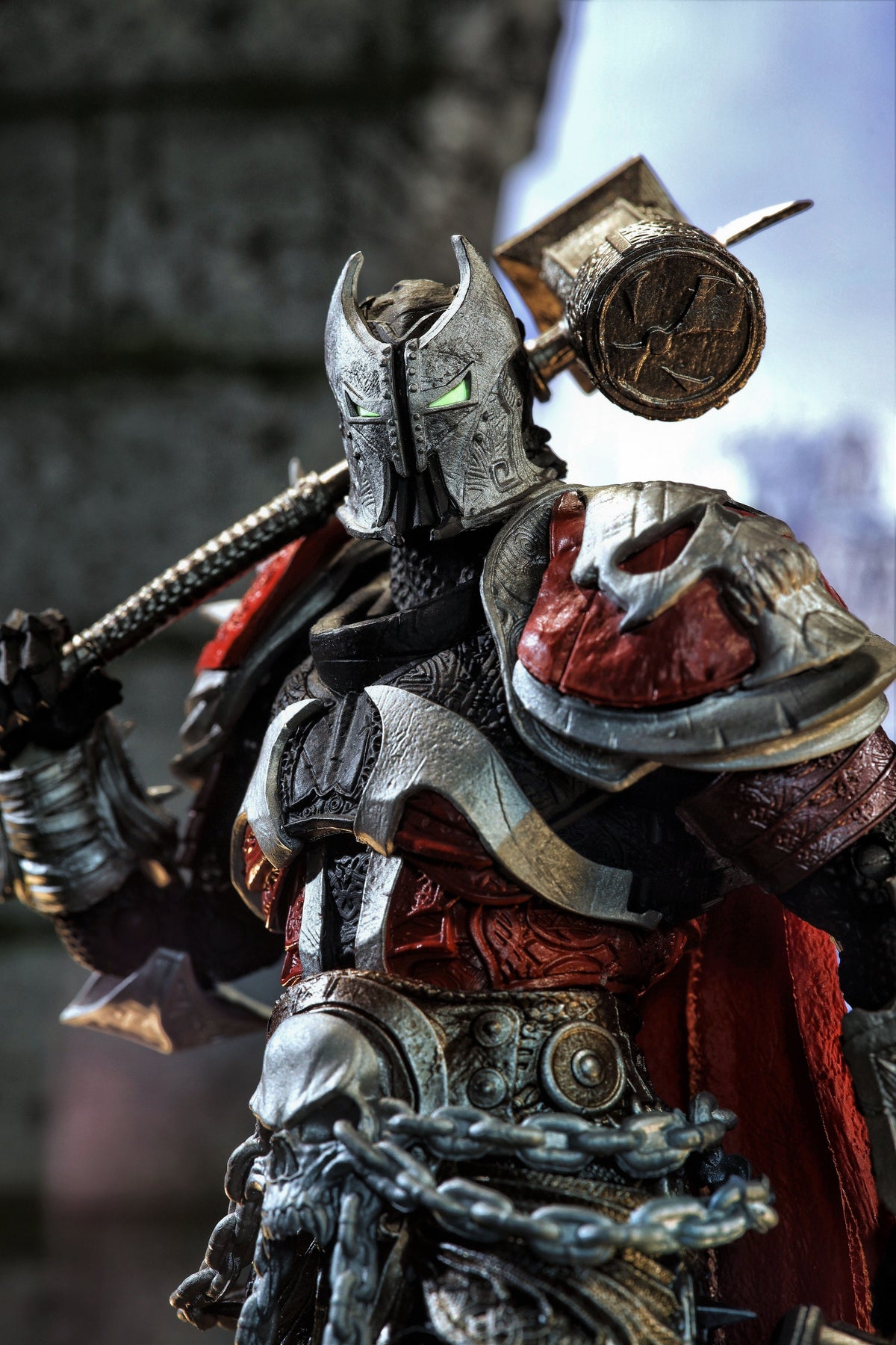 Medieval Spawn McFarlane Vault Collection 7-Inch Action Figure — Figure Detail Close-Up with Helmet, Green Eyes, and Weapons
