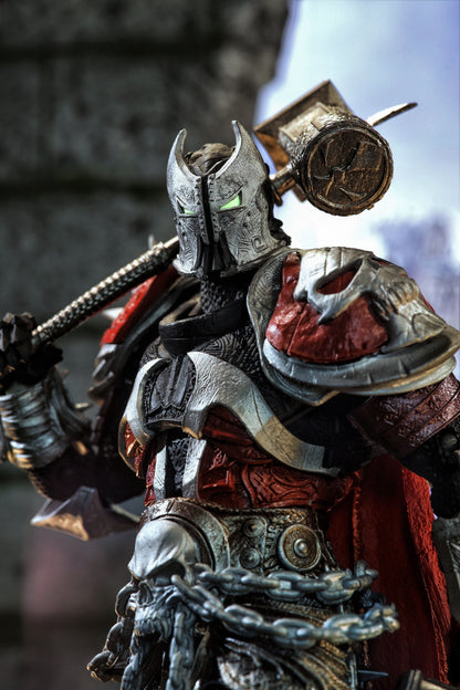 Medieval Spawn McFarlane Vault Collection 7-Inch Action Figure — Figure Detail Close-Up with Helmet, Green Eyes, and Weapons