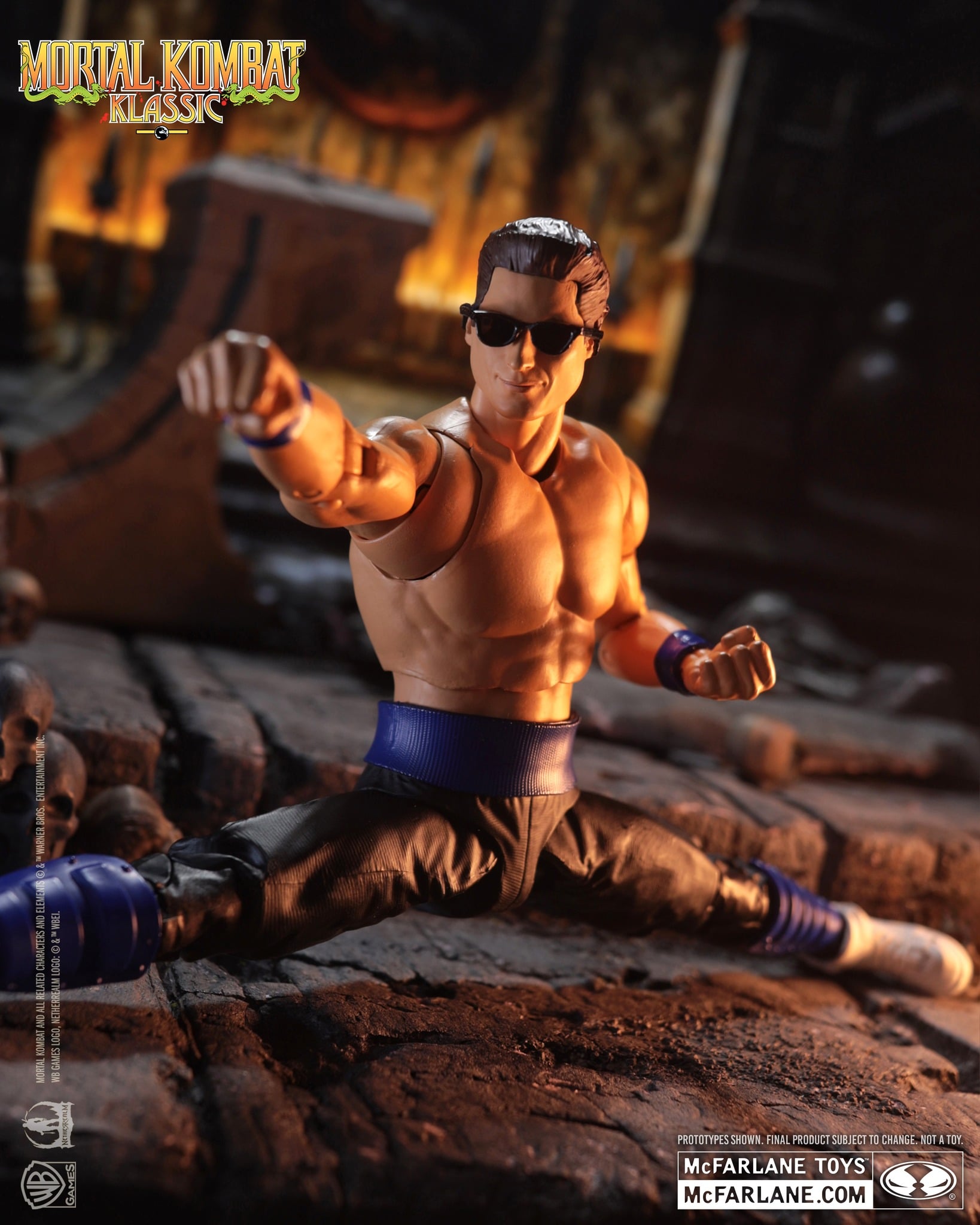 Johnny Cage Mortal Kombat Klassic 7-Inch Figure — Low Split Punch Pose Close-Up with McFarlane Toys Branding
