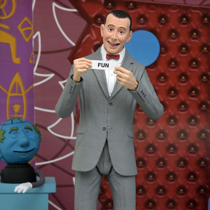 Pee-Wee Herman NECA Ultimate 7-Inch Figure — Figure Detail Holding FUN Secret Word Card with Globey