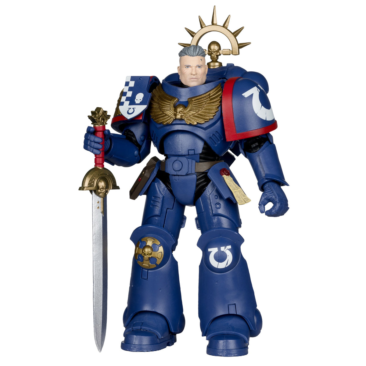 Ultramarines 3rd Company Lieutenant Warhammer 40K 7-Inch Figure — Full Front View on White Background with Power Sword
