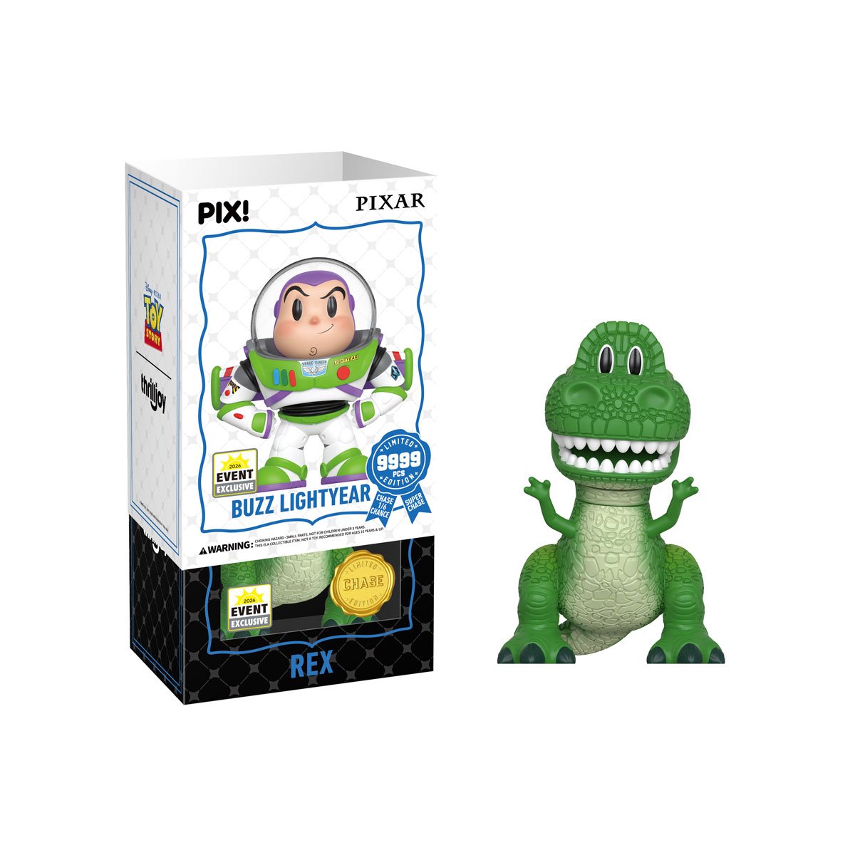 Rex Toy Story Pix! Vinyl Figure 2026 Convention Exclusive Chase — Package Detail with Buzz Lightyear Box Side