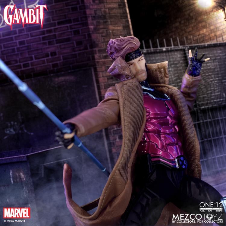 Gambit Mezco One:12 Collective 6.7-Inch Figure — Bo Staff Strike Pose in Alley Setting