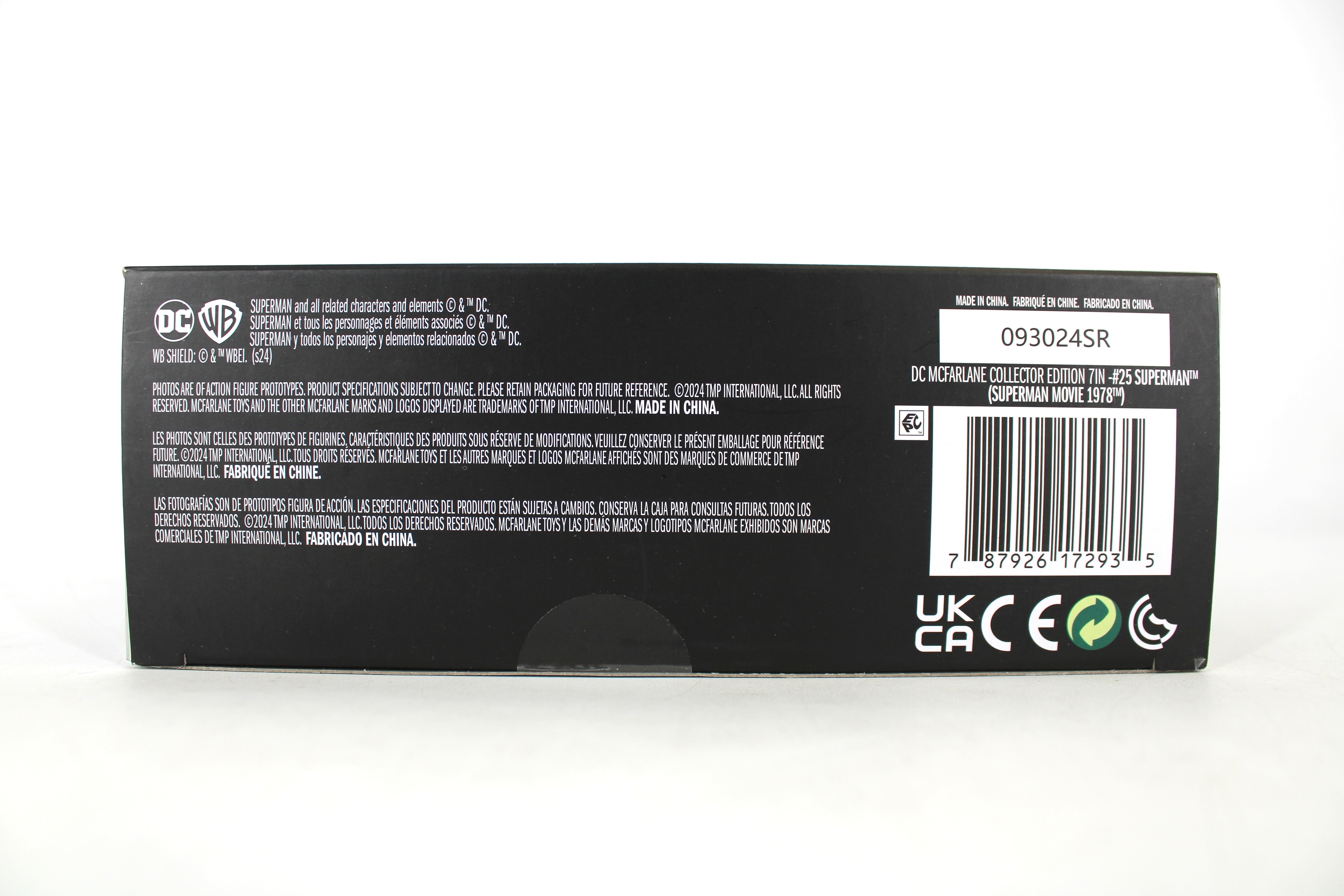 Superman (Christopher Reeve) DC Multiverse McFarlane Collector Edition 7-Inch Figure — Package Detail with Barcode and Legal Text