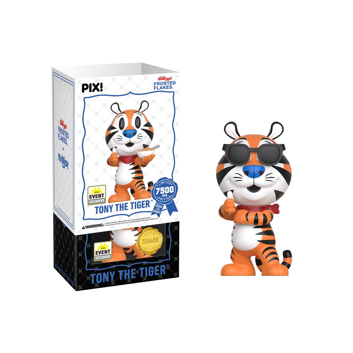 Tony the Tiger Pix! Vinyl Chase Variant Figure with Sunglasses Beside White Box Package — Package Detail