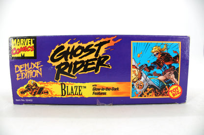 Blaze Ghost Rider Deluxe Edition 10-Inch Figure by Toy Biz — Box Art Close-Up Showing Comic Art Panel and Glow-in-the-Dark Callout