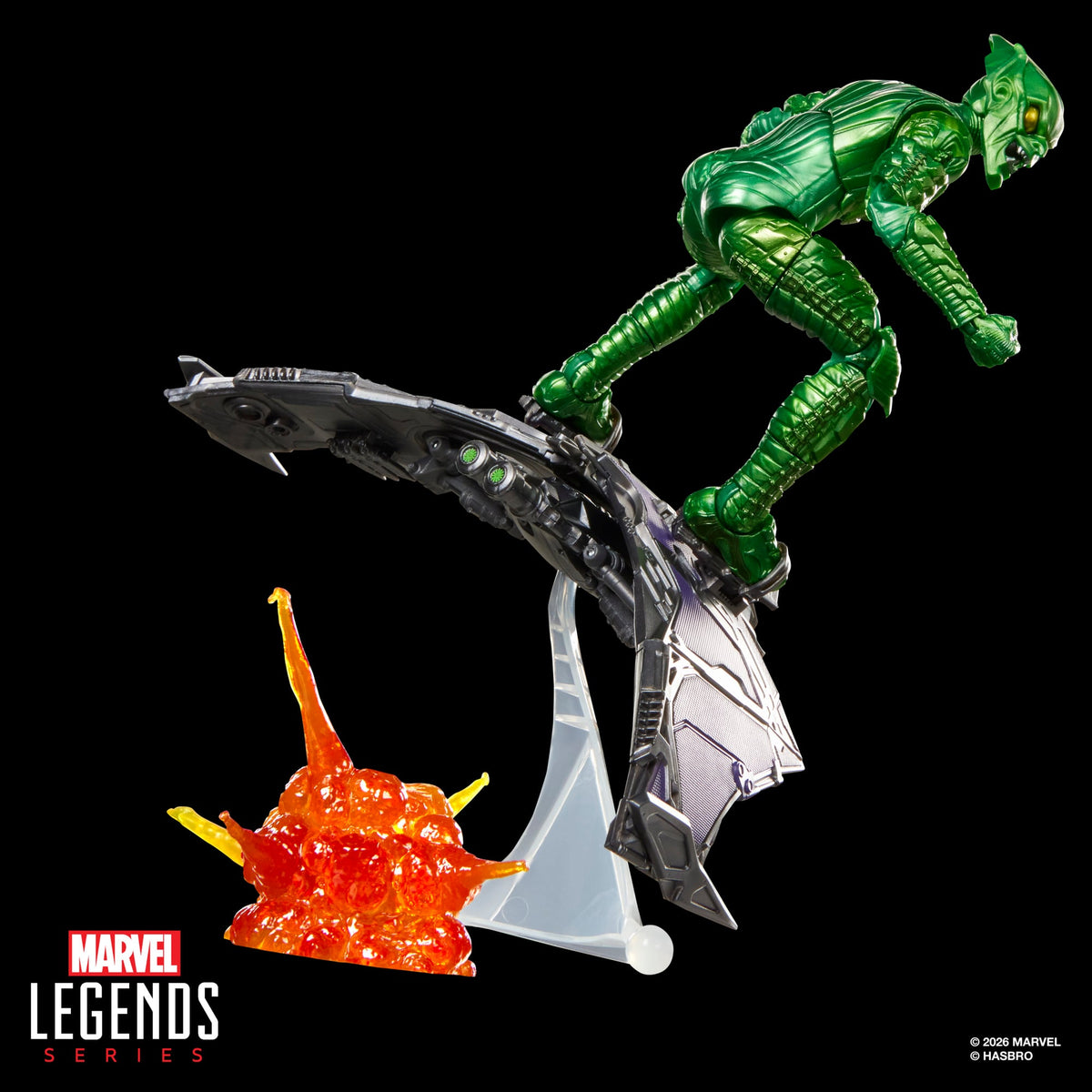 Green Goblin Marvel Legends 6-Inch Figure — Side View on Glider with Pumpkin Bomb Explosion Effect