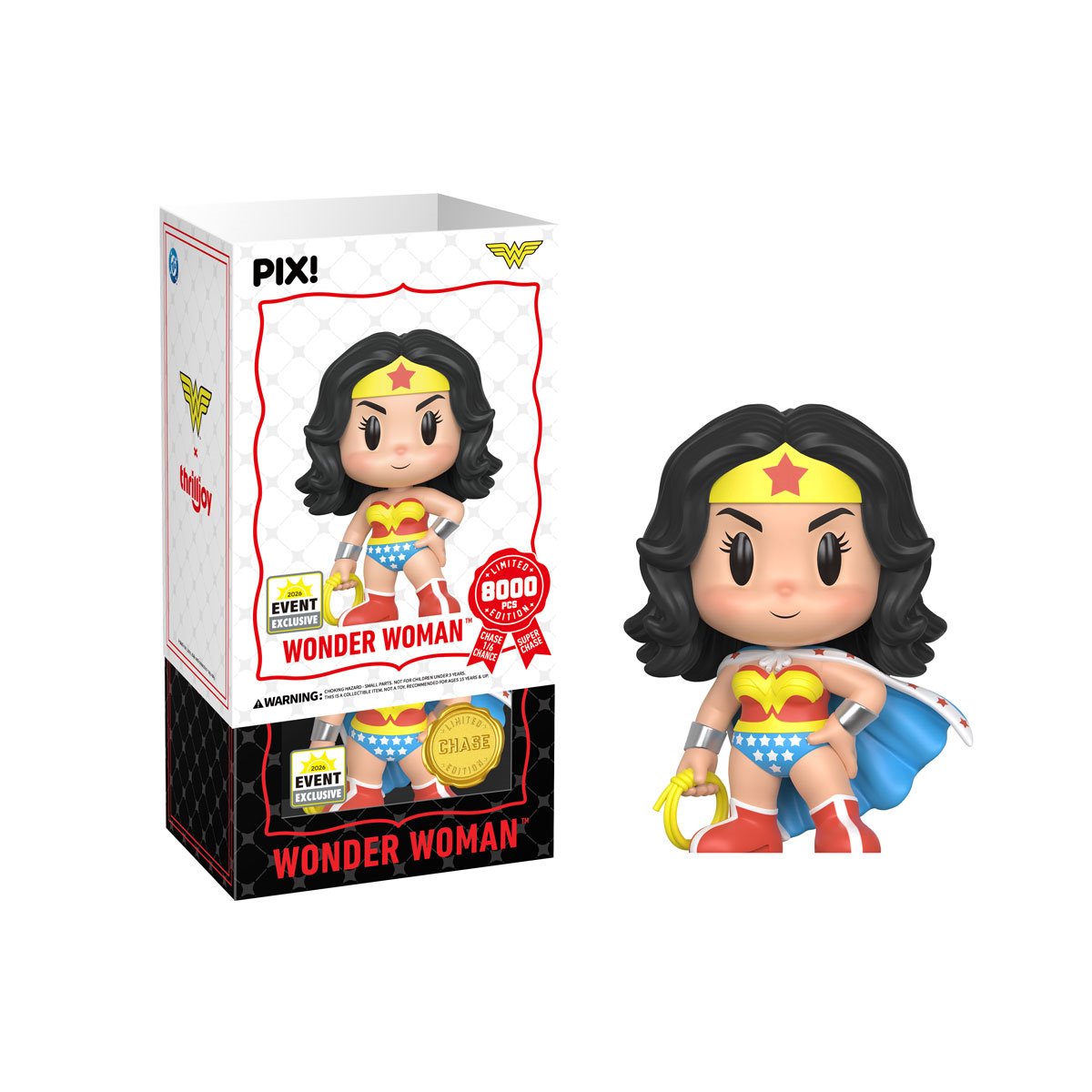 Wonder Woman DC Pix! Vinyl Figure 2026 Convention Exclusive — Cape chase variant in white box with figure out of box, side view
