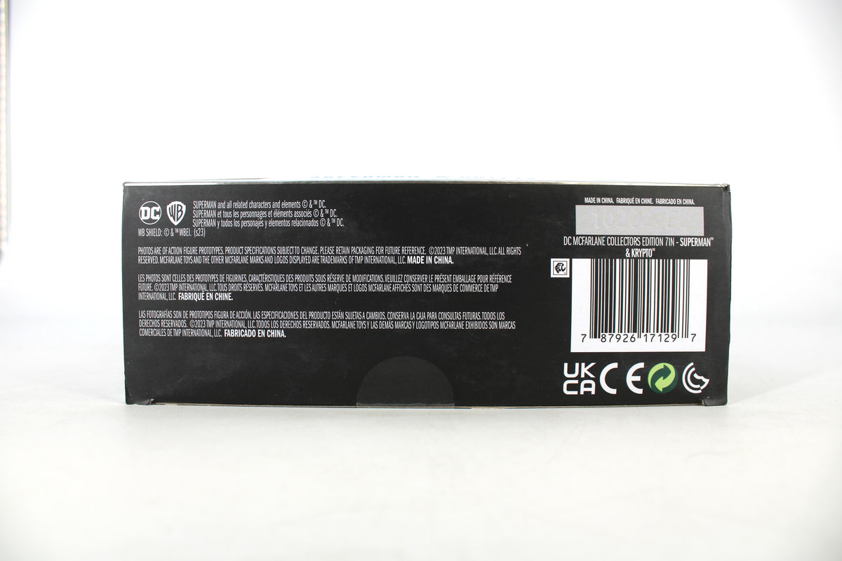 Superman & Krypto Return of Superman DC Multiverse McFarlane Collector Edition 7-Inch — Package Detail with Barcode and Legal Text