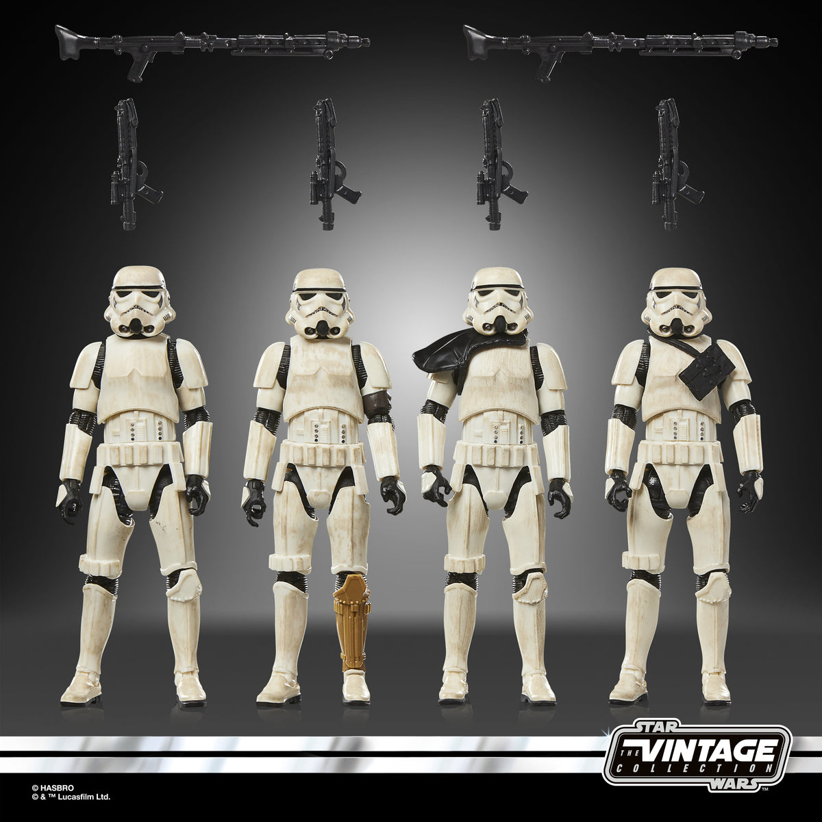 Imperial Remnant Stormtrooper Vintage Collection 3.75-Inch 4-Pack — Contents Display with All Accessories Laid Out