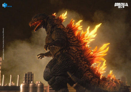 Godzilla 2000 Millennium Exquisite Basic 7-Inch Figure — Three-Quarter Side View With Glowing Dorsal Fins in Smoke