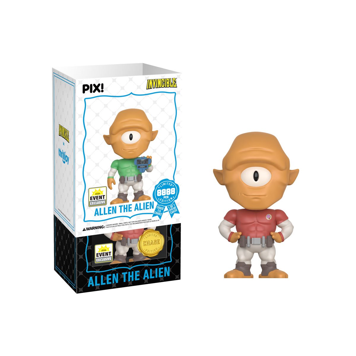 Allen the Alien Invincible Pix! Vinyl Figure — Red Outfit Chase Variant White Box and Figure Side View