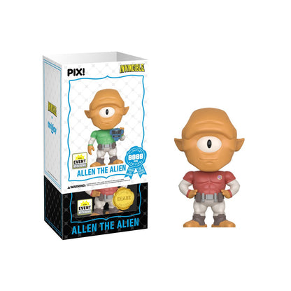 Allen the Alien Invincible Pix! Vinyl Figure — Red Outfit Chase Variant White Box and Figure Side View