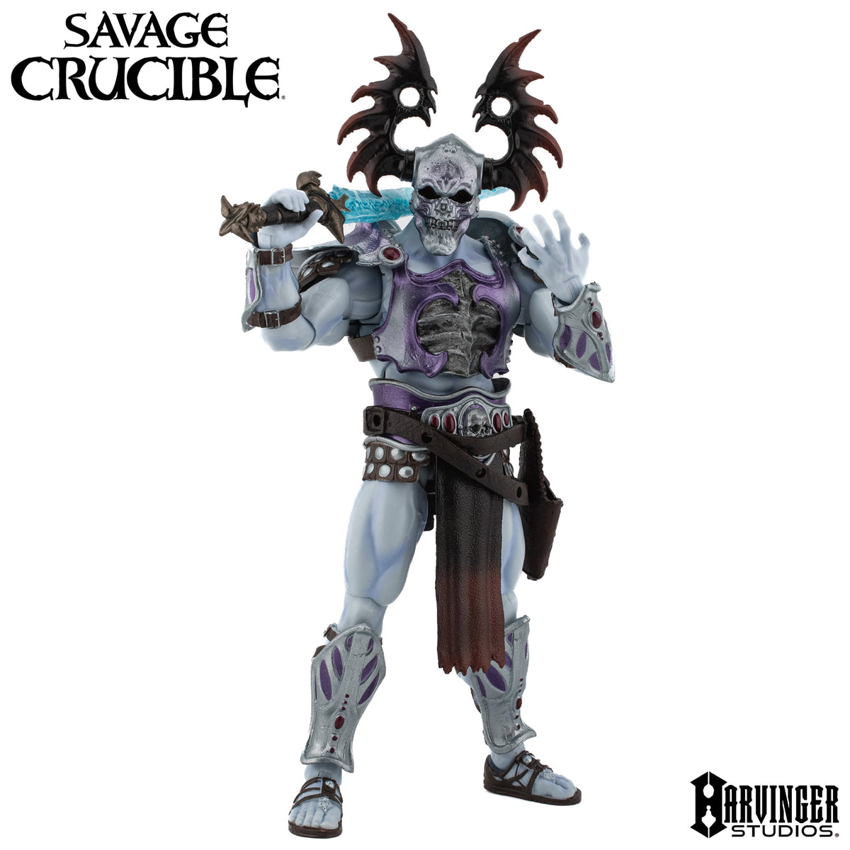 Naraka the Undying Savage Crucible 6-Inch Figure — Front View on White Background with Skull Helmet and Blue Sword