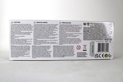 Batcycle Vehicle DC Direct x McFarlane Batman: The Animated Series — Package Detail showing multilingual caution warnings, legal text, and barcode on box bottom panel