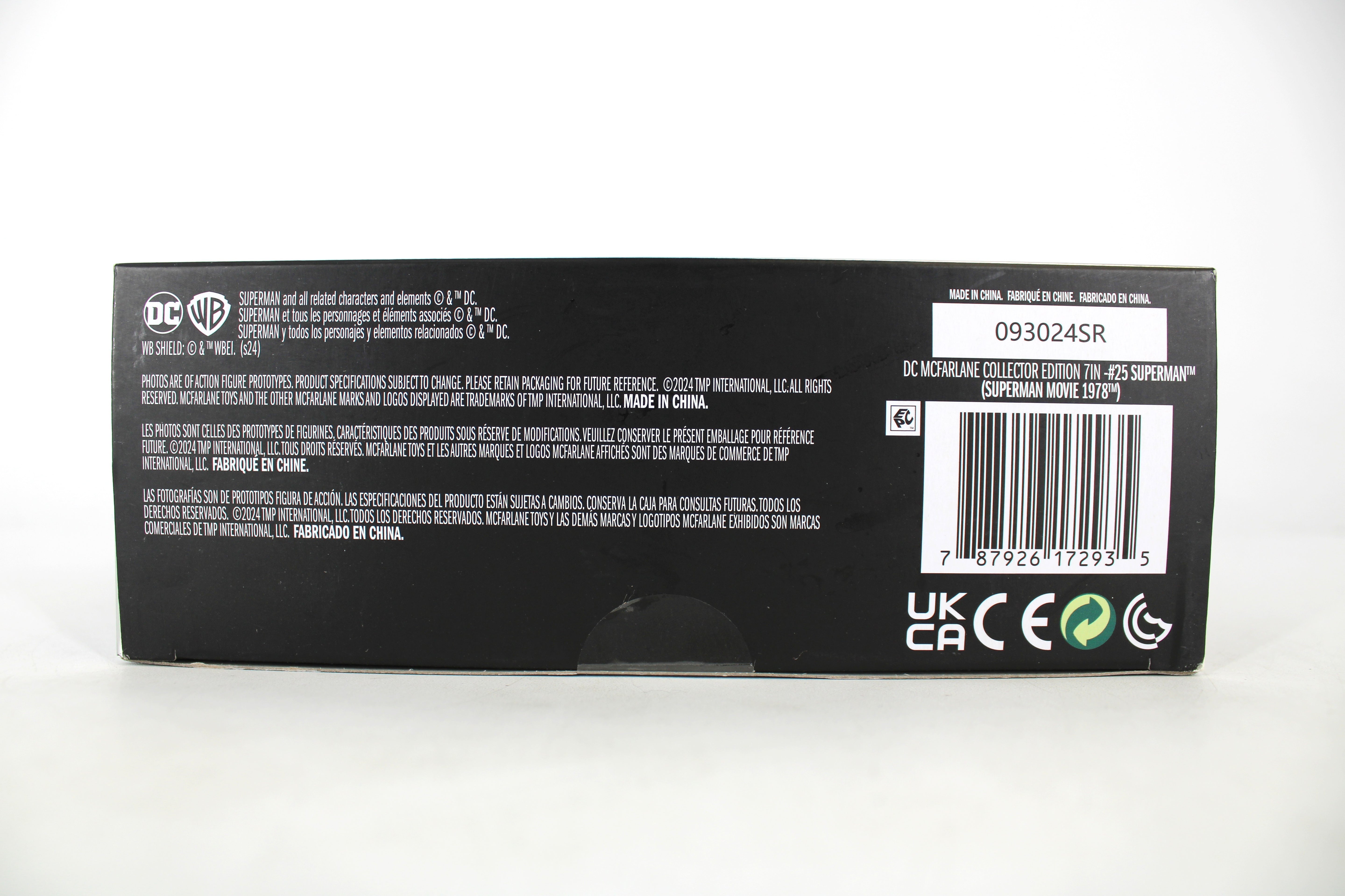 Superman (Christopher Reeve) DC Multiverse McFarlane Collector Edition 7-Inch — Package Detail with Barcode and Legal Text