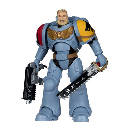 Space Wolves Grey Hunter Warhammer 40K 7-Inch Figure — Out of Box Front View with Both Weapons