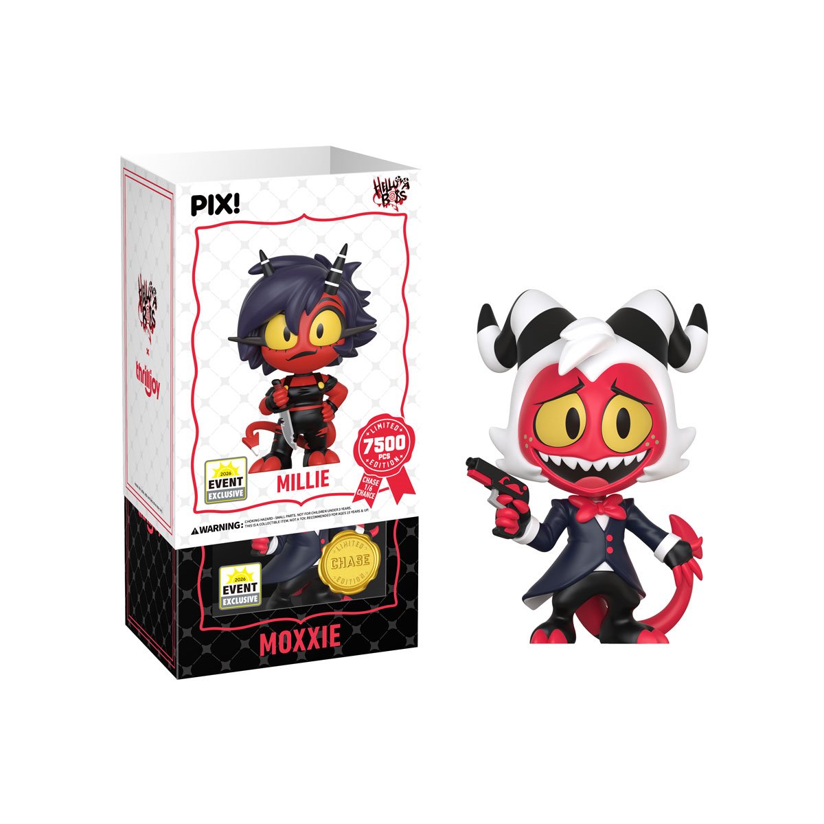 Moxxie Helluva Boss Pix! Vinyl Chase Figure — White Box Packaging with Millie Box Inset and Moxxie Chase Figure Detail