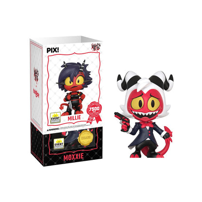 Moxxie Helluva Boss Pix! Vinyl Chase Figure — White Box Packaging with Millie Box Inset and Moxxie Chase Figure Detail